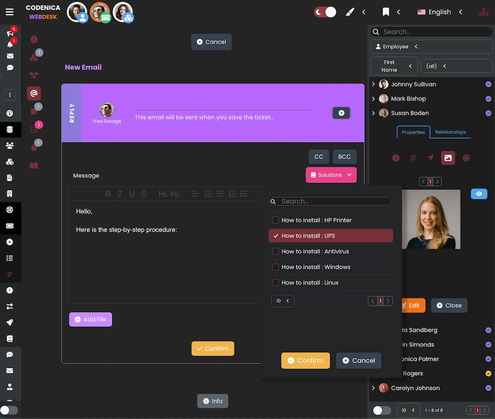 Screenshot showcasing the use of the Knowledge Base to insert canned responses.