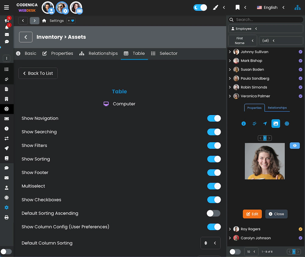 Screenshot showing customization options for table views and selectors.